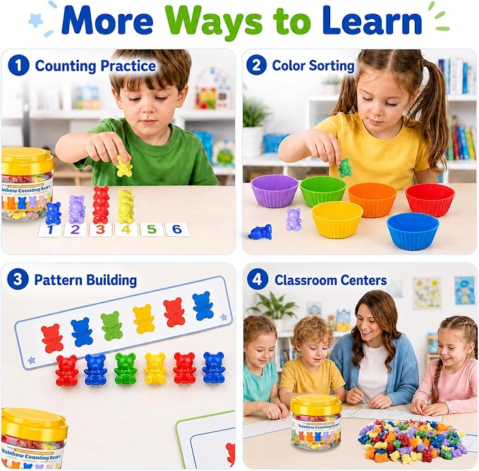 XINHUIDALSQ Rainbow Counting Bears Set of 200, 10 Colors Sorting Teddy Plastic Bears Math Manipulatives for Toddlers, 1 Inch Bear Conters Ages 3+ Kids - Image 4