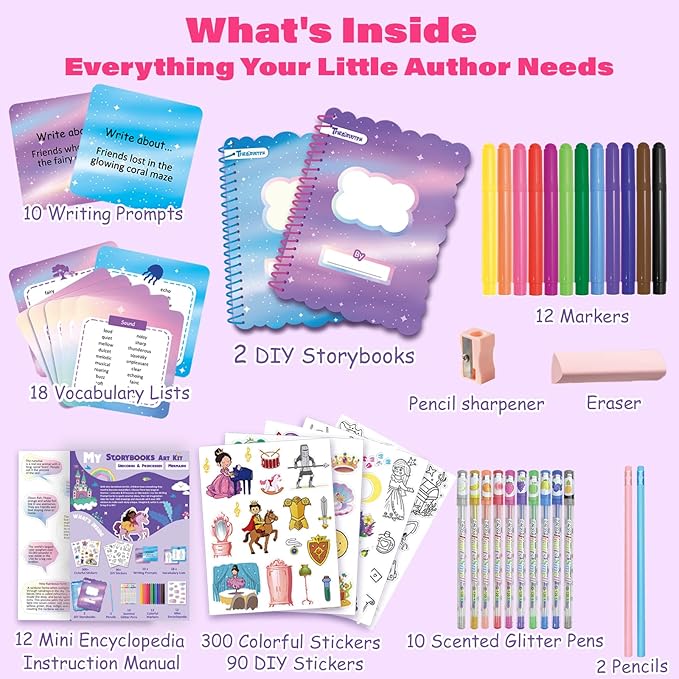 Storybook Art Kit, Create Fairytale Stories for Kids, DIY Craft Set with 400+ Stickers, 24 Pens, 2 Scrapbooking & Journal Activity, Arts and Crafts Supplies Gift for Boys & Girls Comic Book Making Kit