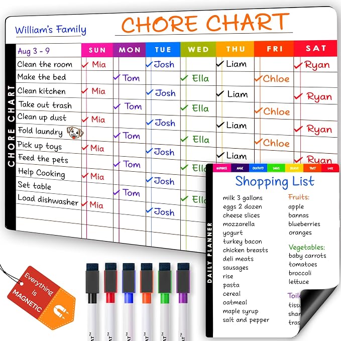 Magnetic Chore Chart Dry Erase Whiteboard Set - Pocket Charts for Multiple Kids, Teens & Adults (15"x 11.5"), Daily to-Do, Grocery, Notes (9"x 7") -Behavior Chart for Fridge & 6 Fine Tip Markers by MODERNEAT
