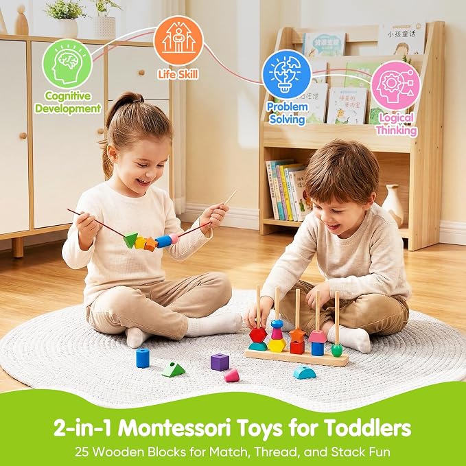 Montessori Wooden Threading Beads Set for Toddlers 3 4 5, Bead Sequencing & Stacking Toy with Pattern Cards, Lacing Beads, Shape Matching Stacker, Fine Motor STEM Learning Gift - Image 2