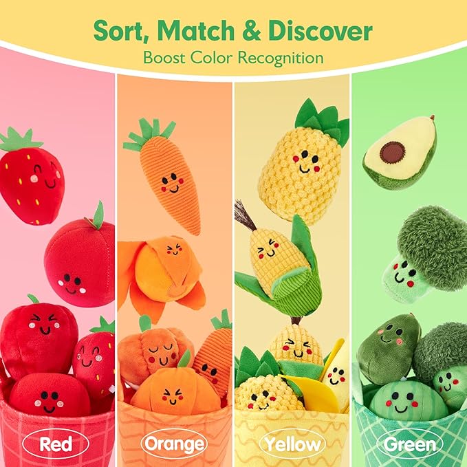hahaland Baby Sensory Toys - 16 PCS My First Fruit Vegetable Color Sorting Play Food with Crinkle, Rattle, Baby Toys 6-12 Months Montessori Toys for 1 Year Old Boy Girl Gifts Toddler Stocking Stuffers