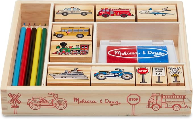 Melissa & Doug Wooden Stamp Set: Vehicles - 10 Stamps, 5 Colored Pencils, 2-Color Stamp Pad by Unknown