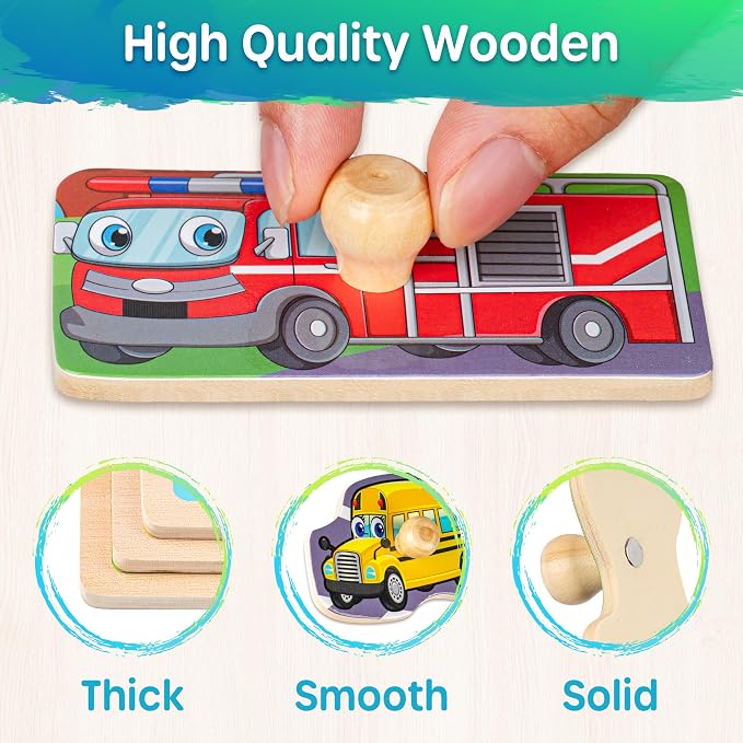 SYNARRY Wooden Puzzles for Toddlers 1-3, 6XSET Puzzles for Toddlers 2-4 with Rack, Learning Alphabet Number Animal Dinosaur Vehicle for Kids, Education Toys for 2 3 Years Boys Girls - Image 4