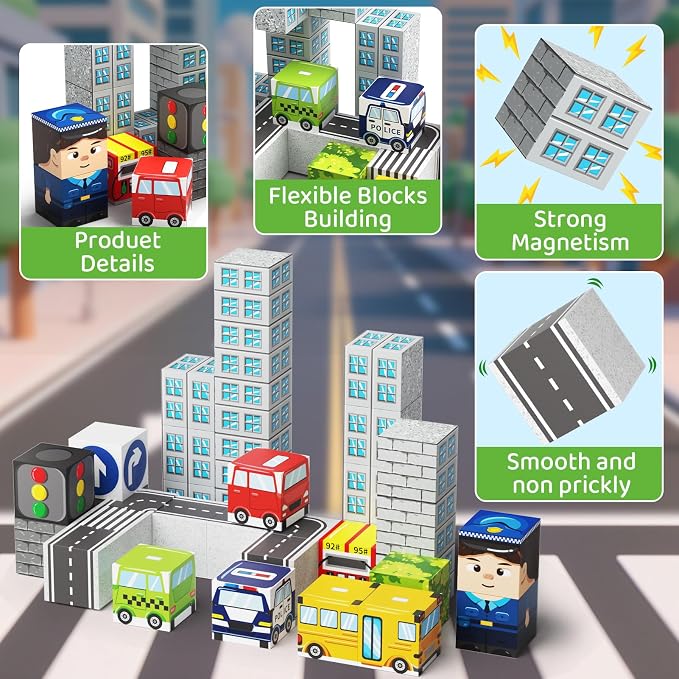 City Traffic Magnetic Blocks Set Travel Toys with Carrying Case - Image 3
