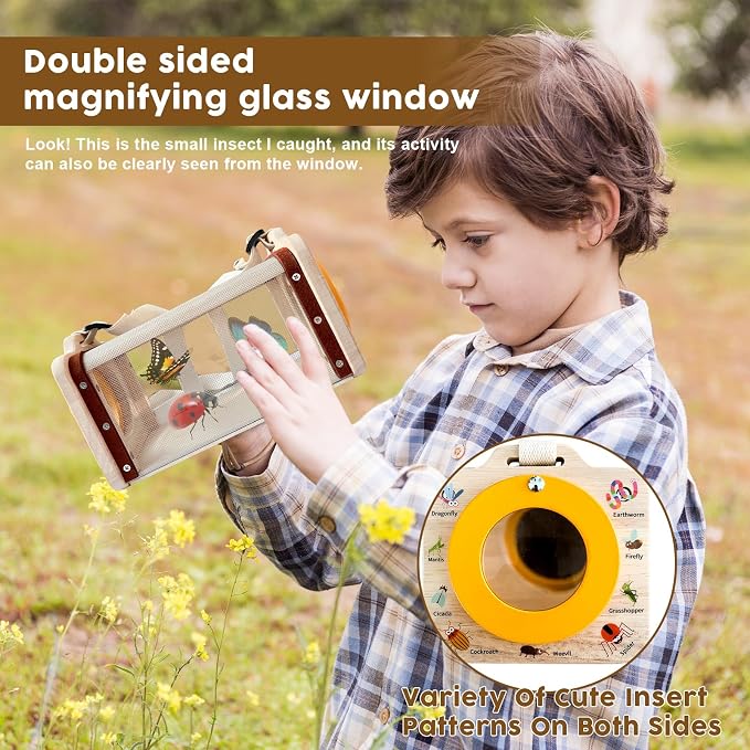 Wooden Insect Observation Kit for Kids,10Pcs Outdoor Nature Explorer Set, Insect Habitat Cage,Butterfly Net,Magnifying Glass,Compass STEM Education Toy, Birthday Backyard Gift for 3+ Boys & Girls - Image 5