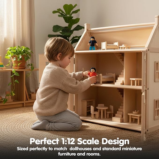 PlanToys® Wooden Dollhouse Family Set – Fair Skin Tone | 4 Poseable 1:12 Scale Doll House People | Montessori Pretend Play Figurines | Eco-Friendly Sustainable Wooden Toy for Kids