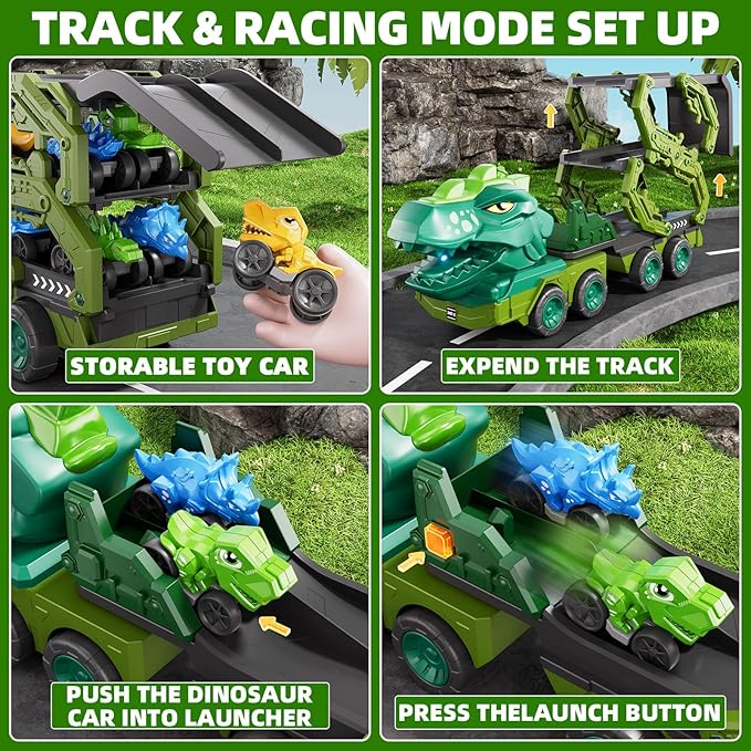 10 in 1 Dinosaur Truck Toys for Kids Toddlers Boys 3-5 4-8, Dino Carrier Truck with Foldable Track, Spray, Light & Sounds and 9 Dino Cars, Birthday Gifts for Kids Boys Girls 3 4 5 6 7 8 Year Old