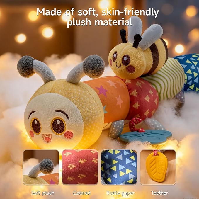 TUMAMA Baby Toys for 0, 3, 6, 9, 12 Months, Stuffed Animal Toys, Caterpillar Stuffed Toys with Teether, Crinkle and Rattles, Soft Plush Sensory Toys for Newborn Infant Christmas Gifts