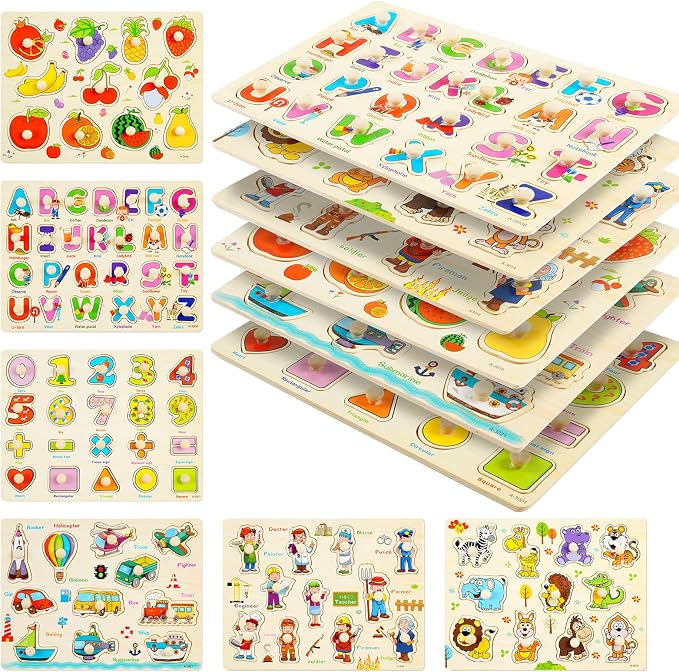 Wooden Peg Puzzles for Toddlers, 6 Pack Toddler Puzzles Set for 3 4 5 Years Old, Preschool Education Learning Puzzle Toys for Girls and Boys (Alphabet Number Animal Vehicle Fruit Occupation) by YUNCHY