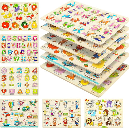 Wooden Peg Puzzles for Toddlers, 6 Pack Toddler Puzzles Set for 3 4 5 Years Old, Preschool Education Learning Puzzle Toys for Girls and Boys (Alphabet Number Animal Vehicle Fruit Occupation) by YUNCHY