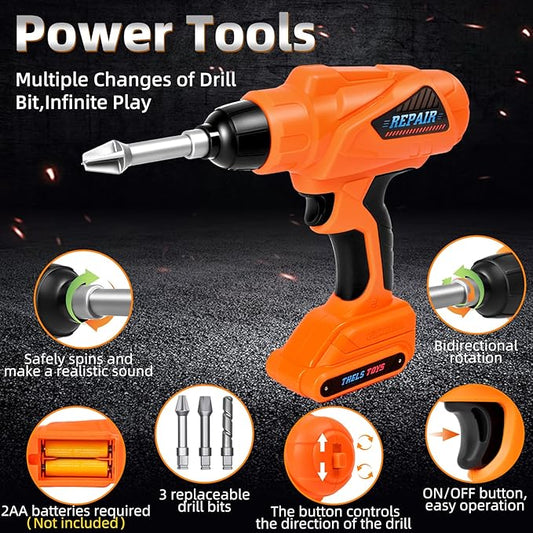 ‌Realistic Kids Drill Tool Set with 48PCS Tools & Sound Effects, Portable Construction Toy for Toddlers Ages 3+ with Safety Gear, STEM Learning Pretend Play for Family Bonding Activities