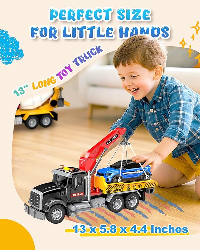 Kids Toys for 3 4 5 6 7 Years Old Boys, 15" Large Tow Truck Toy, Friction Powered Transport Toy Trucks with Lights and Sounds, Birthday Gifts for Boys & Girls with Racing Car
