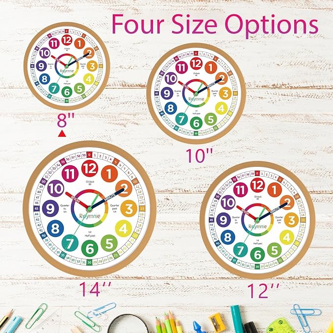 Roymnie Wall Clock for Kids Learning Battery Operated Teaching Silent 8" - Image 7