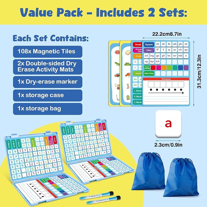 Aizweb 2 Pack Phonics Letter Tiles Set,All-in-one Phonics Kit,Reading &Spelling Games with Dry-Erase Boards&Storage Case,Phonics Games for Preschool& Kindergarten Classroom Learning - Image 5