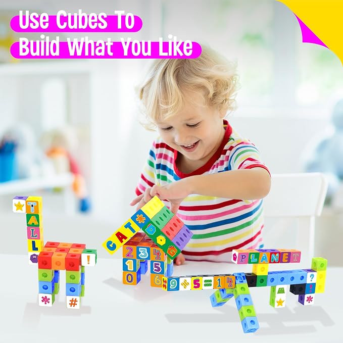100 Math Linking Cubes, Math Cubes with 384 Reusable Stickers-Letters, Numbers, Shapes, Manipulative Geometric Connecting and Counting Blocks, Educational Toy for Kids Math Learning and Fun Activities - Image 6