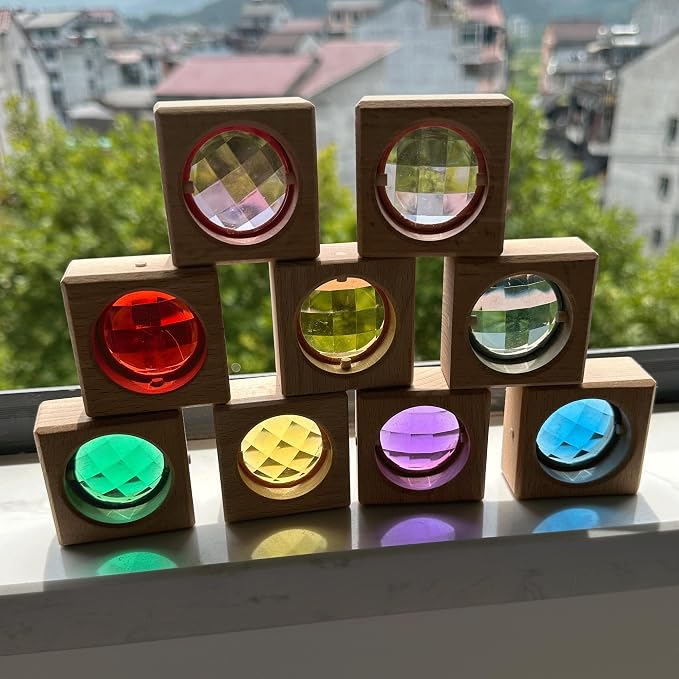 16PCS Acrylic Wooden Gem Blocks, Sparkling Acrylic Colorful StackingToys, Open Ended Play Montessori Educational Toys (16PCS Square Gem Blocks) - Image 4