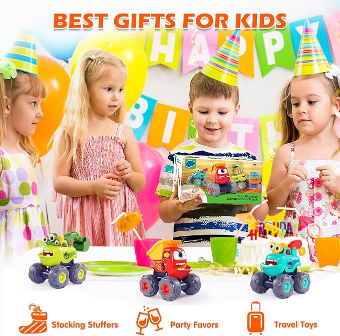 OCATO Monster Truck Toys for 1 2 3 Year Old Boy Birthday Gift, Outdoor Construction Toy Trucks Pull Back Cars for Toddlers 1-3, 1st Birthday Gifts 1 2 3 Year Old Boy Toys Baby Toddler Xmas Gifts Kids