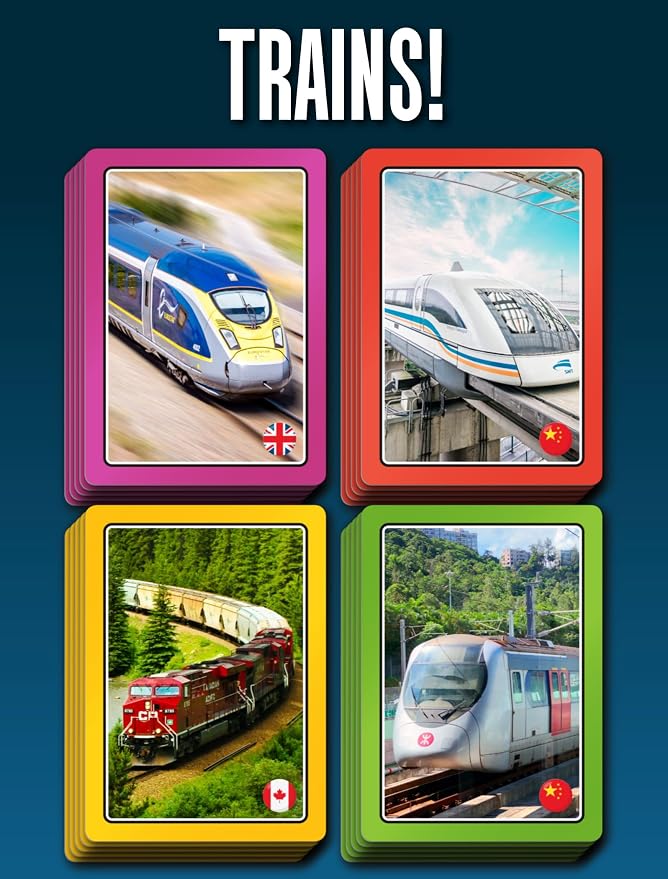 SMART CARDS Trains Card Game. 50 Cards, 7 Games; Pairs, Snap, Trumps, Rummy, Train Trivia Facts Quiz. Top Travel Games, Gift, Stocking Stuffer, Age 5+, 1-8 Players - Image 2