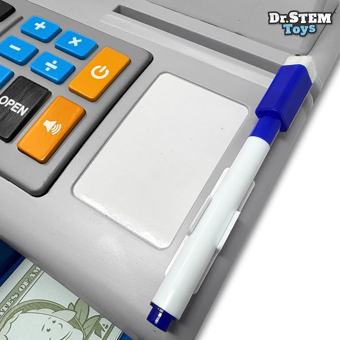 Dr. STEM Toys Solar Powered Calculator Pretend Cash Register with Play Money – 67-Piece Set for Learning Math Skills, STEM Cash Register for Kids (Gray) - Image 8