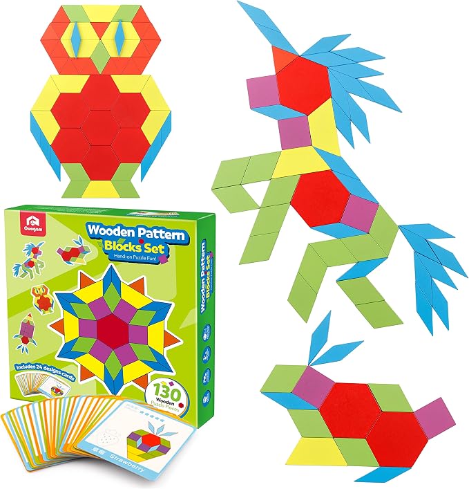 Coogam Wooden Pattern Blocks Set 130PCS Geometric Color Shape Manipulative Puzzle – Graphical Montessori Tangram Early Learning Educational Toys Brain Teasers STEM Gift for Kids with 24 Design Cards by Coogam