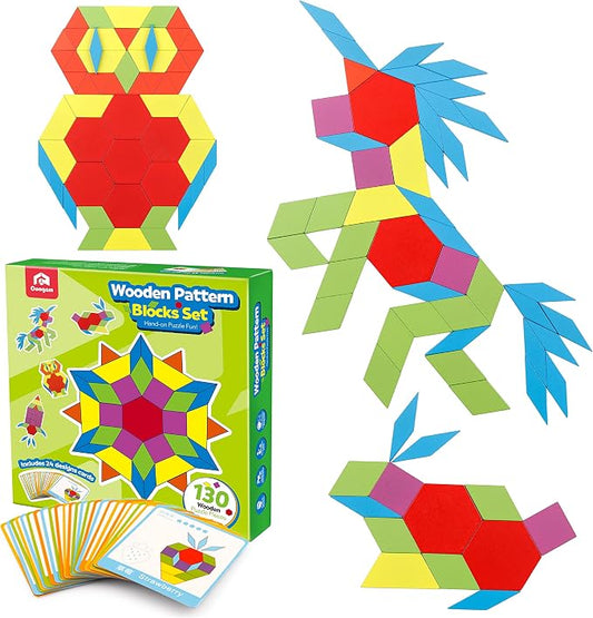 Coogam Wooden Pattern Blocks Set 130PCS Geometric Color Shape Manipulative Puzzle – Graphical Montessori Tangram Early Learning Educational Toys Brain Teasers STEM Gift for Kids with 24 Design Cards by Coogam
