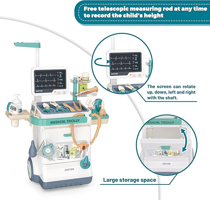 Deluxe Doctor Kit for Toddlers, Pretend Medical Station Set for Boys & Girls, 28 Accessories,Mobile Cart with Lights, Includes Doctor's Uniform、Thermometer, Doctor Kit for Kids 3-5 Years Old