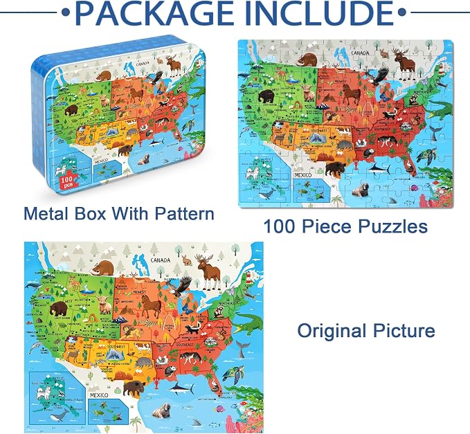 LELEMON United States Puzzles for Kids Ages 4-8,100 Pieces USA Fun America Animal Map Learning Educational Toys for Boys Girls - Image 6