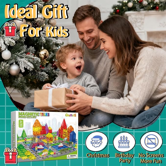 106Pcs Christmas Magnetic Tiles, Magnetic Building Blocks, Preschool Montessori Toys Gift for 3+ Year Old Boys and Girls, Sensory Toys for Kids Aged 3-5 and 4-8, Ideas for Toddler with Autism - Image 7