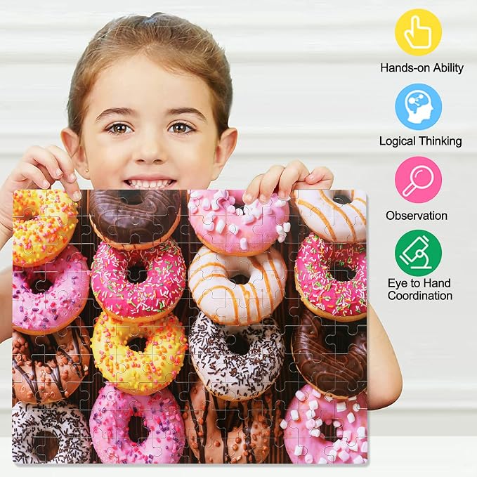 LELEMON 100 Pieces Donut Jigsaw Puzzle for Kids Ages 4-8 Sweet Colorful Donut Jigsaw Puzzles in a Metal Box Children Boys Girls Learning Educational Puzzles Toys - Image 5
