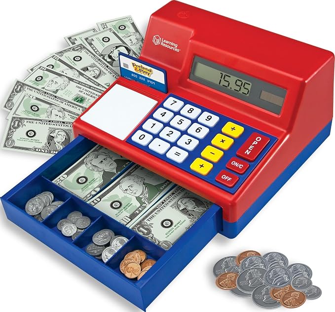 Learning Resources Pretend & Play Calculator Register Toy - Kids Play Set & Credit Card Toy, Register for Kids, Pretend Grocery Store Shopping Playset for Toddlers, Teaching Math Set by LearningResources