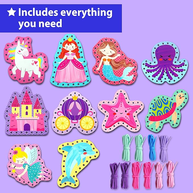 KRAFUN Princess, Unicorn & Mermaid Lacing Cards Age 3+ | 10 Projects - Image 2