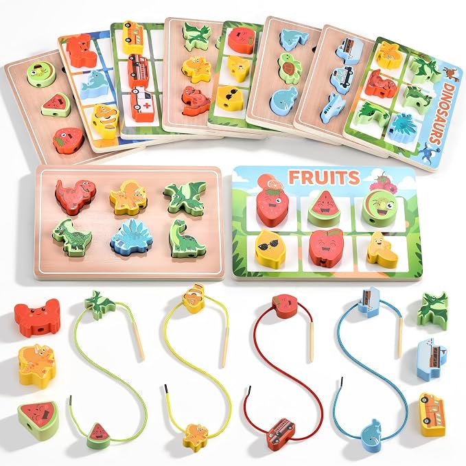 Montessori Wooden Toys for Toddlers 2 3 4: 3-in-1 Theme Sorting, Shape Matching & Color Learning Set - Dinosaur Ocean Vehicle Fruit Chunky Boards - Fine Motor Skills Speech Therapy Gifts by Unknown