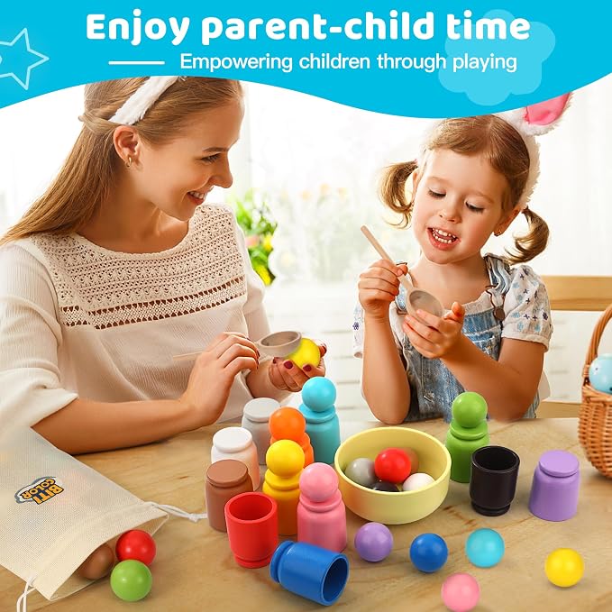 Ball in Cup Montessori Wooden Rainbow Color Sorting Toy for Toddlers - Preschool Color Matching - 12 Balls 40mm - Image 4