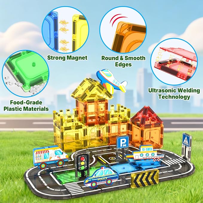Magnetic Tiles Road Set, STEM Magnetic Blocks for Kids Ages 3-5 4-8 5-7, Construction Magnet Tiles Kids Toys, Christmas Birthday Gift for Boys Girls Ages 3+ - Image 2