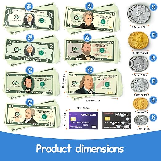 Play Money Set for Kids with Bills & Coins,Pretend Play Cash for Homeschool, Game Currency for Education, Board Games - Image 6