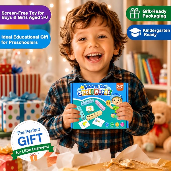 Spelling Games for Kids Ages 3-8, Phonics Matching Game with 54 Flash Cards & 20 Letter Blocks, CVC & Sight Word Building Reading Game, Classroom Must Haves for Preschool & Kindergarten - Image 7