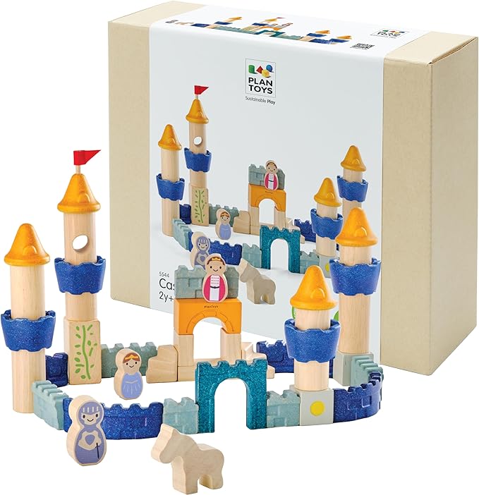 PlanToys® Castle Blocks Wooden Montessori Building and Imaginative Play Set | Creative Thinking, Fine Motor and Early STEM Learning Activity | Eco Friendly Open Ended Construction Toy
