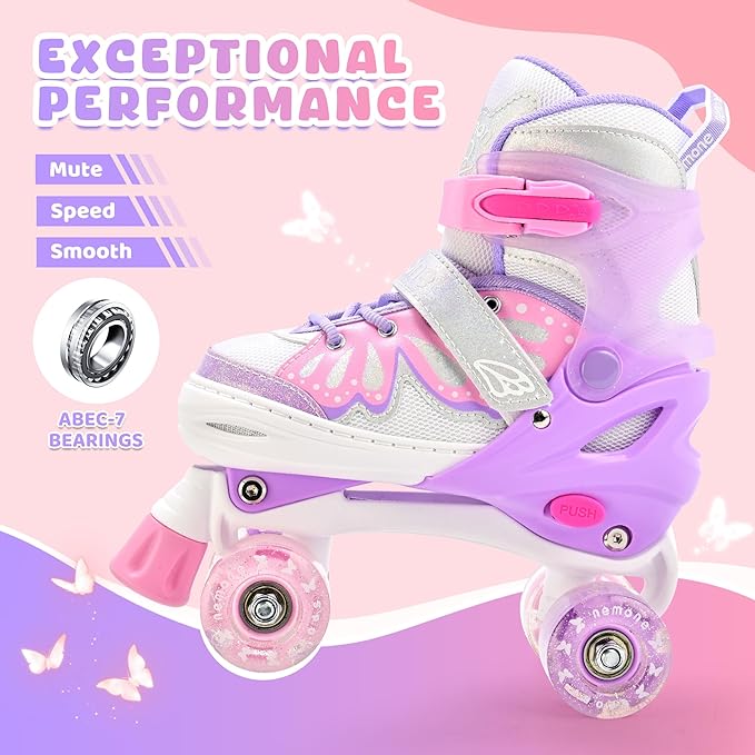 NEMONE Mermaid 4 Size Adjustable Light up Roller Skates for Girls, Purple Blue Skates for Toddlers, Beginner Kids Butterfly Roller Skates Indoor Outdoor
