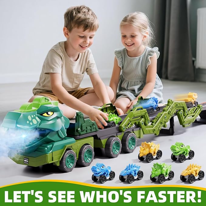 10 in 1 Dinosaur Truck Toys for Kids Toddlers Boys 3-5 4-8, Dino Carrier Truck with Foldable Track, Spray, Light & Sounds and 9 Dino Cars, Birthday Gifts for Kids Boys Girls 3 4 5 6 7 8 Year Old