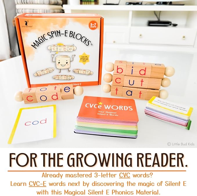 LITTLE BUD KIDS Magic Spin-E Blocks - A Silent E Phonics Toy & Montessori CVCe Reading Blocks for Kids Ages 4–7 - Image 2
