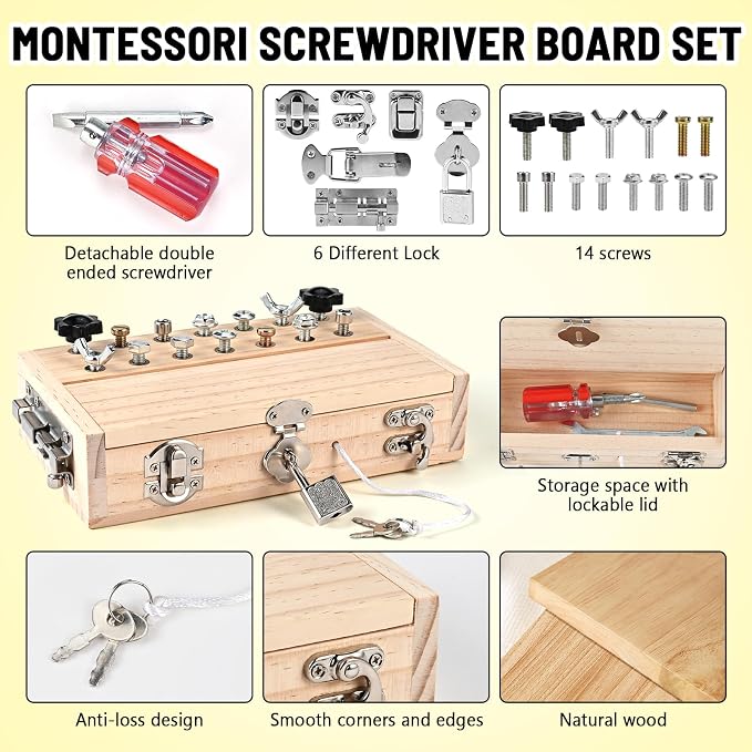 Montessori Screwdriver Board Set, Montessori Toys for 3 4 5 with 1 Locks and Keys, Toddler Screwdriver Toy, Kids Tool Set, Preschool Learning Sensory Toy, Fine Motor Skills Toys - Image 3