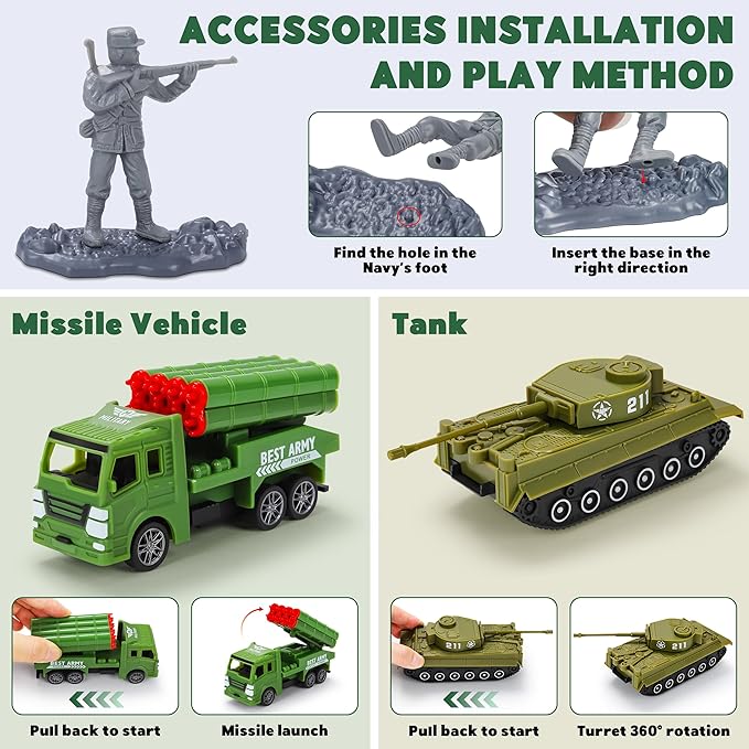 Army Men Playset – 117 Pcs Military Toy Soldiers Set with Action Figures, Battle Mat, Tanks, Helicopter, Submarine & Weapon Gear – Army Toys for Boys Ages 4-12, Great Gift for Kids