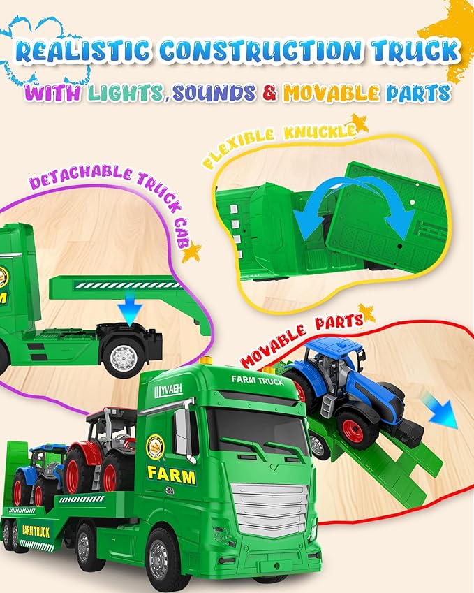 Toddler Toys for 3 + Years Kids, 25" Large Flatbed Semi Truck Toy with 2 Tractors, Friction Powered Vehicles Toys for Kids, Birthday Gifts for Boys and Girls