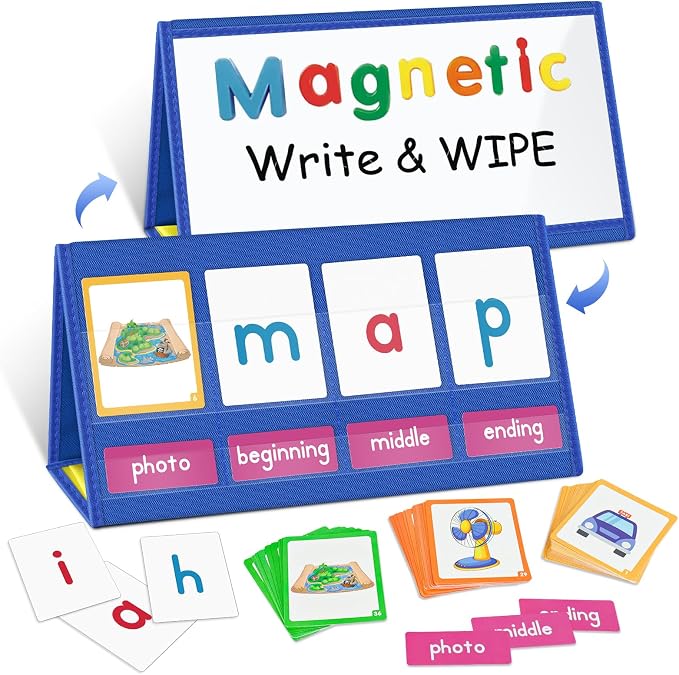 EAMAY CVC Word Building Desktop Pocket Chart Stand with Magnetic Write & Wipe Boards Tent & Cards Kit,Reading Spelling Phonics Games for Kids, Kindergarten Classroom Must Haves! by EAMAY