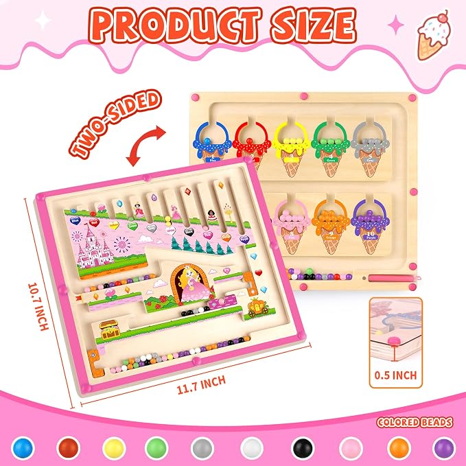 wakeInsa 2 in 1 Magnetic Color and Number Maze,Montessori Toy for Toddler Girls,Wooden Magnet Balls Puzzles,Toddler Busy Board Game,Preschool Learning Activities (Princess & Ice Cream) - Image 3