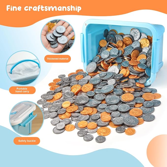 TOMMYHOME Fake US Coins Play Money 800 PCS Set – 6 Types of Coins,Realistic Prop Money for Kids,Toy Cash Register, Pretend Play Toys – Homeschool Teaching Supplies (800) - Image 2