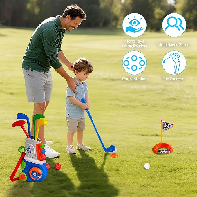 PJG Toddler Golf Set, Plastic Kids Golf Clubs 3-5 with 4 Golf Clubs and 10 Balls, Indoor and Outdoor Golf Toys with Cart for Toddlers Boys and Girls Aged 1 2 3 4 5 Years Old Birthday