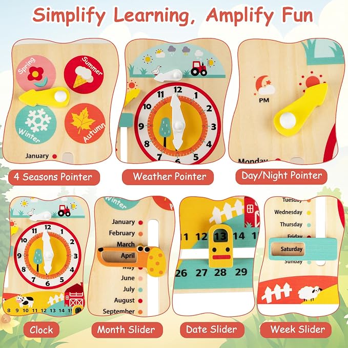 Costzon Montessori Kids Daily Learning Clock Toy, Wooden Educational Learning Clock Toy About Season, Weather, Day, Night, Month, Week & Date, Toddlers Daily Calendar for Preschool Boys Girls Aged 3+ - Image 2