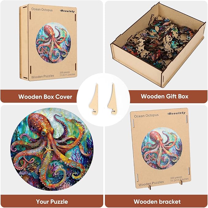 Reouinty Wooden Puzzle for Adults, Octopus Jigsaw Puzzles 200 Piece, Unique Shape Animal Adult Puzzles, Irregular Wood Puzzles Best Gift for Adults Family Game 11.2 x 11.2 in