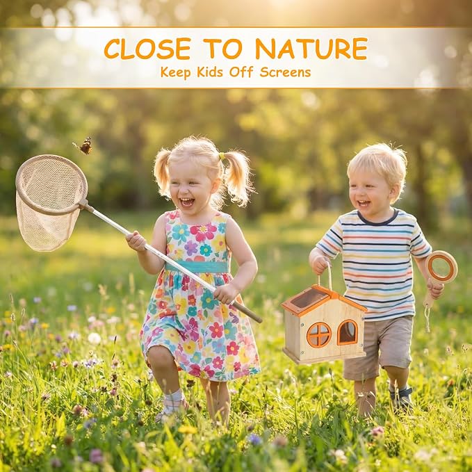 SainSmart Jr. Bug Catcher for Kids - Wooden Bug Habitat with Magnified Viewer, Butterfly Net, Observation Box, Tweezers & 15 Cards, Outdoor Toys & STEM Toys for Boys & Girls Ages 3+, Orange - Image 2